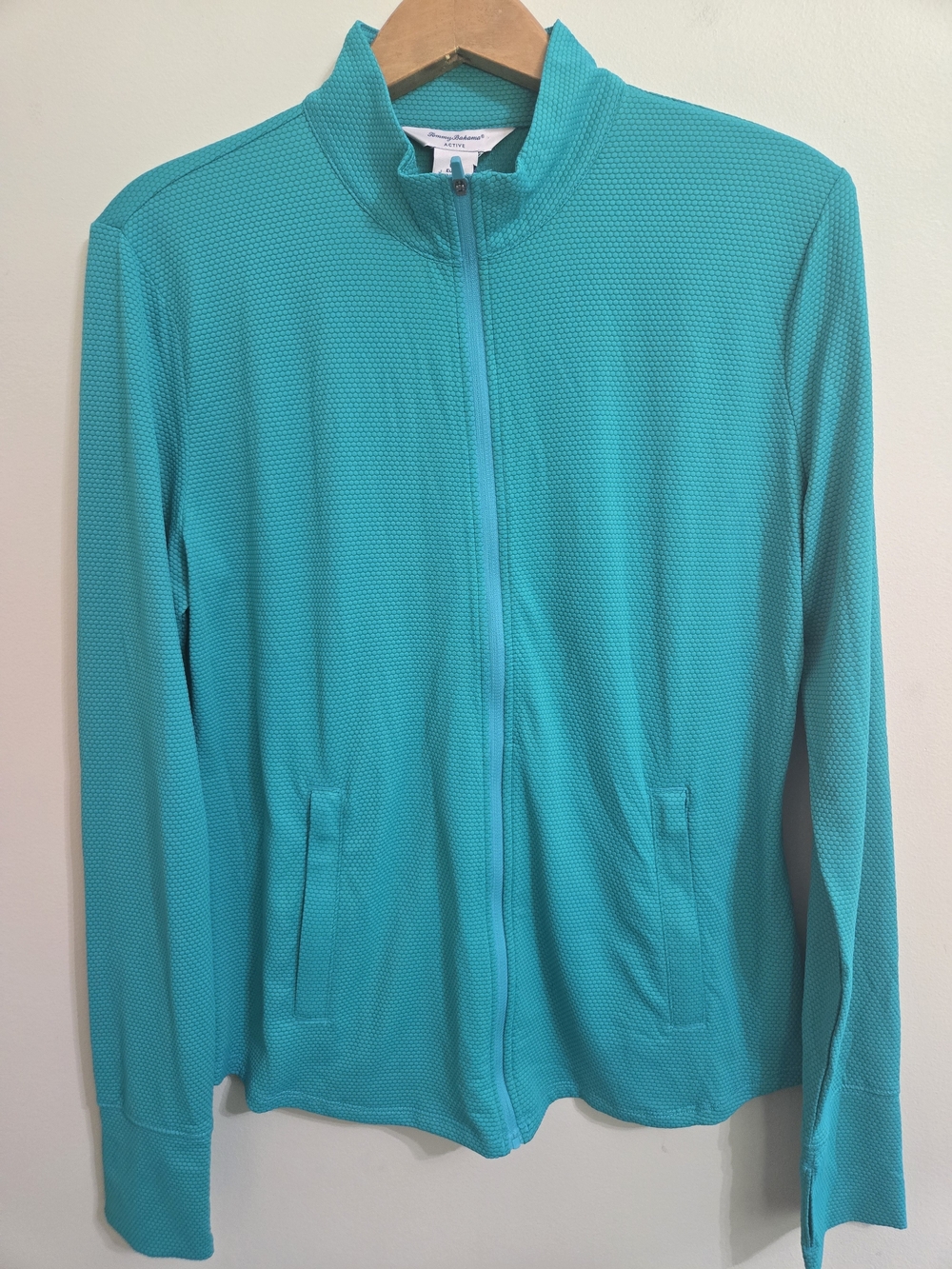 Tommy Bahama Teal Golf Jacket Womens LG Textured Full Zip Mid Layer Stretch EUC